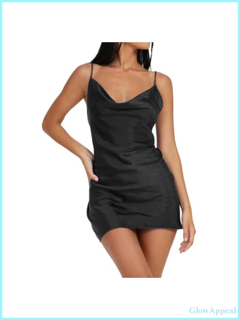 Spaghetti Strap Mini Satin Dress Cowl Neck Side Slit Cocktail Dress